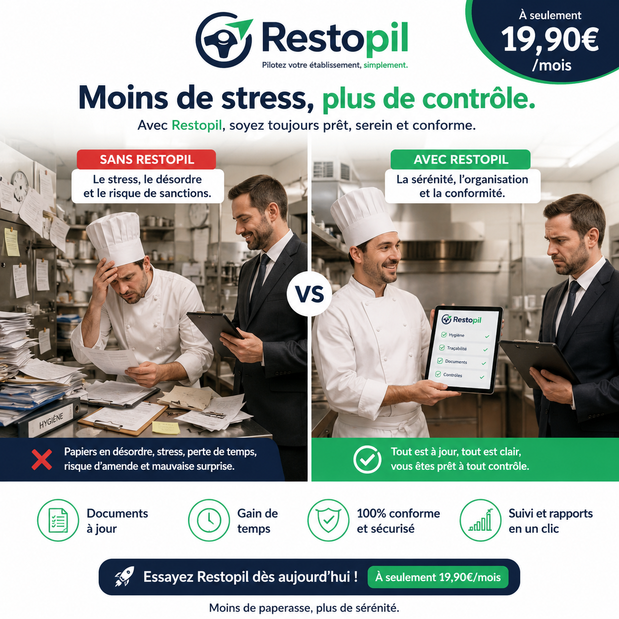 Restopil — Moins de stress, plus de contrôle. Avant/après logiciel HACCP restaurant.